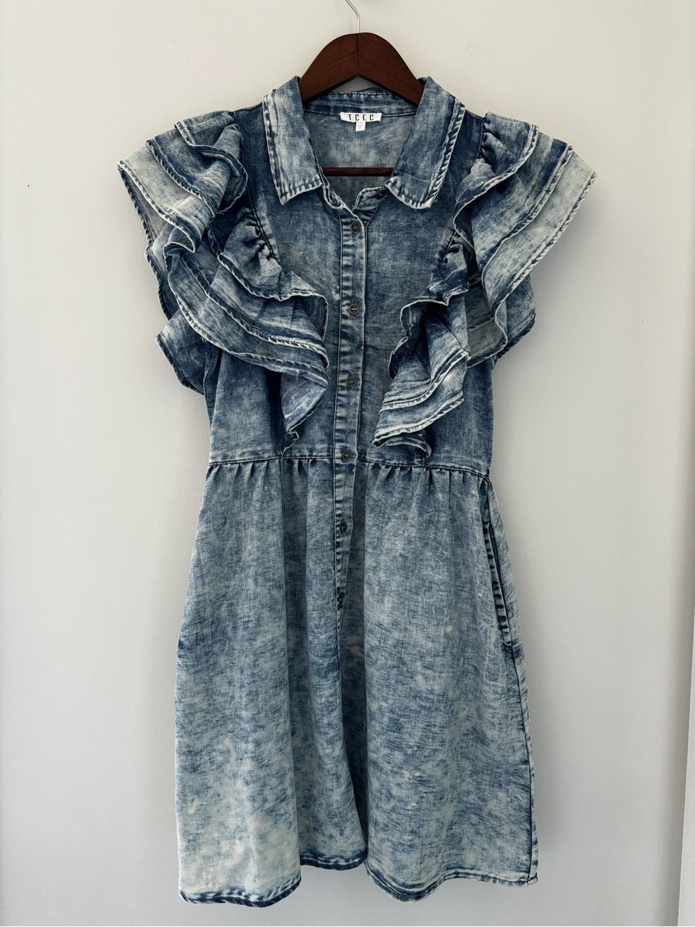 TCEC Women’s Ruffle Sleeve Acid Wash Denim Dress Size Small Y2K Coquette - Picture 2 of 11